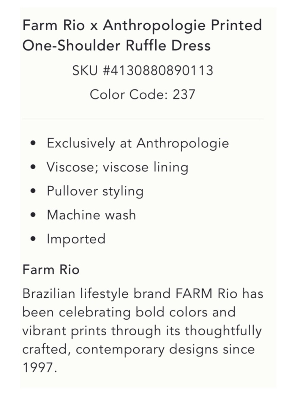 NWOT Anthropologie Farm Rio Printed One Shoulder Ruffle Dress in Living Nature M - Picture 16 of 16